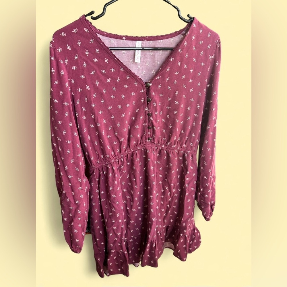 Xhilaration Burgundy Floral Boho Dress | Long Sleeve Button Front | Size M